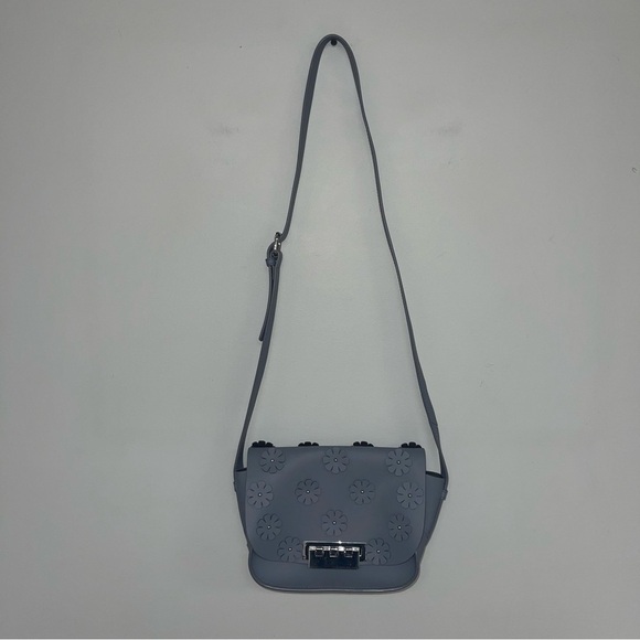 ZAC Zac Posen Crossbody Bag Slate Blue Grey Leather Flowers Handbag Purse Silver - Picture 2 of 14
